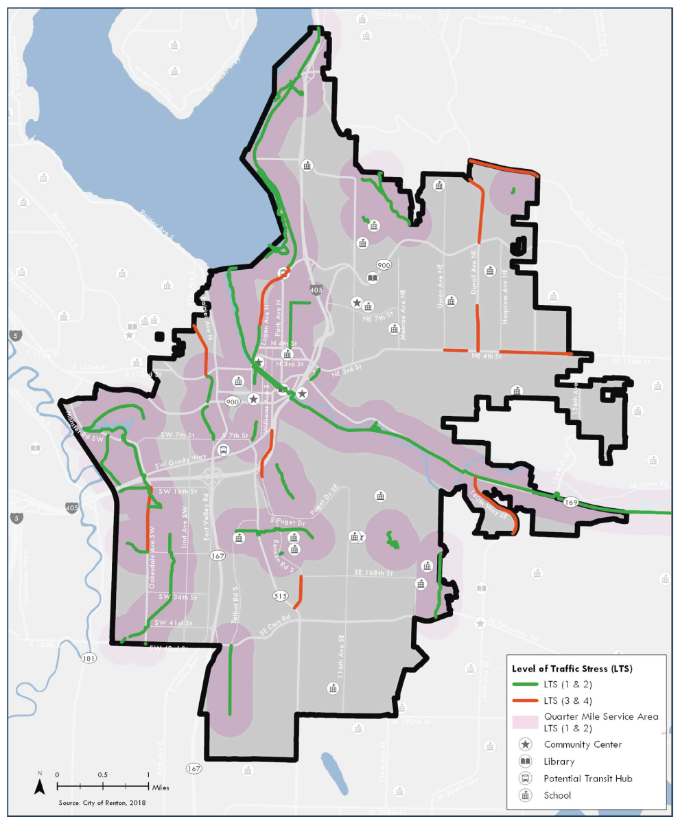 This map shows the bicycle level of traffic stress on the Existing Network in Renton and the quarter mile service area around low-stress bike facilities. There are large areas of the city that are not served.