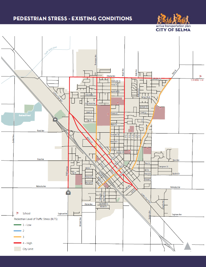 This map shows the existing pedestrian level of traffic stress on priority corridors in the City of Selma. No corridors are currently low-stress (LTS score 1 or 2).